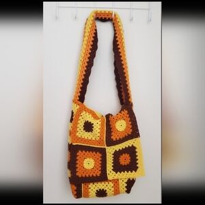 Handcrafted Crochet Shoulder Bag - Brown, Yellow, and Orange